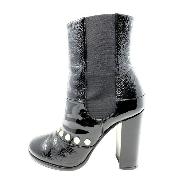Chanel Boots CC LOGO Pearl Black Leather Mid Calf Chelsea Platform Heel Shoes 39 - Picture 5 of 11